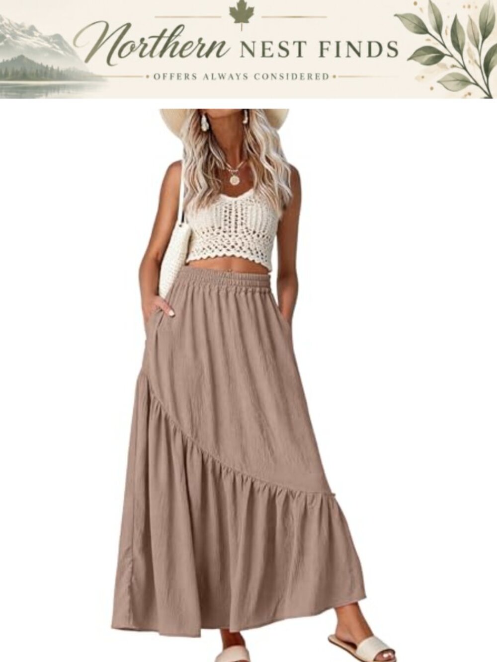 Women's A-Line Maxi Skirt Elastic Waist Flowy Ruffle Hem Beach Casual